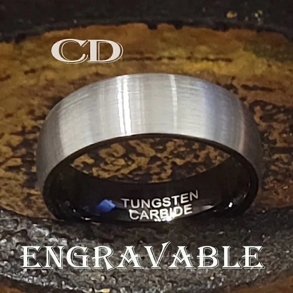 Personalized Engraved Men's Silver and Black Wedding Ring Band - Brushed Steel